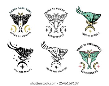 Luna moth hand drawn illustrations set with inspirational quotes. Celestial butterfly designs with motivational sayings.