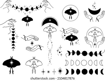 Luna Moth And Moon Phases Vector Illustrations, Celestial Clipart Set, Magical Witch Hands Clip Art