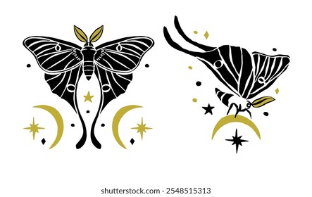 Luna moths set with moons and stars hand drawn black silhouette isolated on white background. Celestial butterfly design