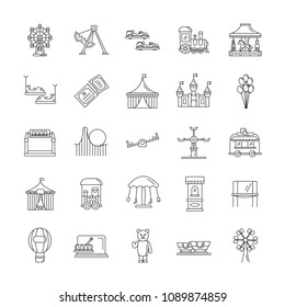 Luna park amusement line icons collection. Attraction set icons, collection of amusement icons train and castle, ferris wheel vector illustration