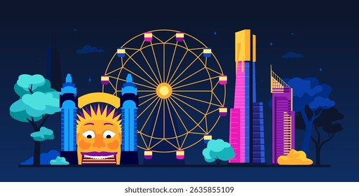 Luna park in the evening - modern colored vector illustration