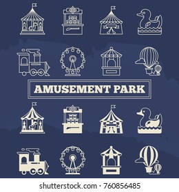 Luna park thin line and silhoette icons set. Linear sign for amusement park. Vector illustration