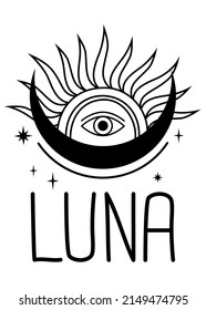 Luna phrase with vector eye and celestial elements in a geometric composition.