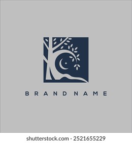 Luna tree. Moon tree in square vector logo