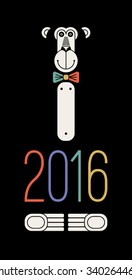 Lunar I 2016 Year of the Monkey. Vector new year poster. Lunar calendar symbol. Design template for New Year card design, poster, vertical banner. Minimalistic black and white monkey graphic.