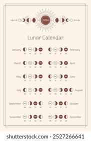 Calendario de astrología lunar para 2025. Planificador lunar mensual. Anuncio, tarjeta, cartel del calendario de la fase lunar de la astrología. Calendario de fases lunares aislado sobre un fondo blanco, Ilustración vectorial.