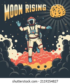 Lunar astronaut with jetpack flies around the moon. Spaceman in space suit - retro poster. Vector vintage illustration.