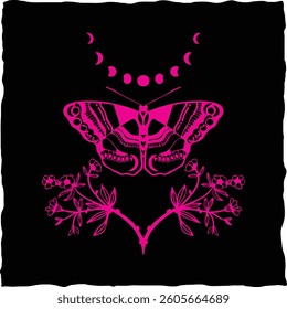 Lunar Butterfly Flowers Minimalist Illustration Unique Celestial Art Trendy Design and Moon Phases Butterfly Floral Minimalist Art