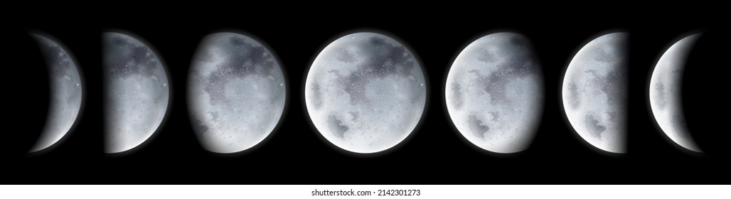 Lunar calendar, astrology observation for moon phases and eclipse. Vector flat cartoon, celestial body, star planet set. Crescent and full, quarter and half. Surface with craters and shadows