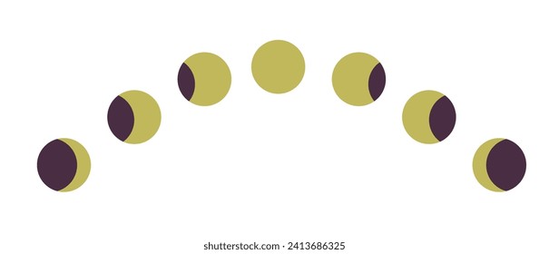 Lunar calendar, astrology observation for moon phases and eclipse. Celestial body, star planet set. Crescent and full, quarter and half. Mystic perpetual renewal of energy symbol. Vector in flat style