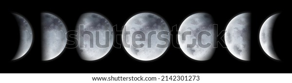 Lunar\
calendar, astrology observation for moon phases and eclipse. Vector\
flat cartoon, celestial body, star planet set. Crescent and full,\
quarter and half. Surface with craters and\
shadows