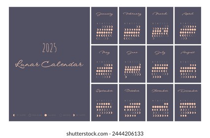 Lunar calendar, lunar monthly cycle planner for 2025 year template. Astrology, astronomical lunar sphere shadow, whole cycle from new to full moon calendar banner, card vector illustration