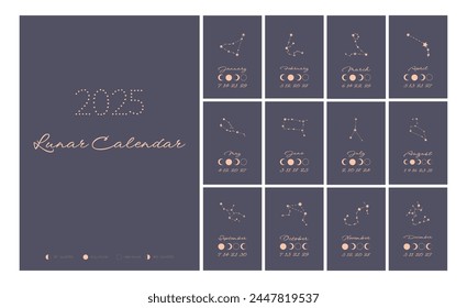 Lunar calendar, lunar monthly cycle planner for 2025 year template. Astrology, astronomical lunar sphere shadow, whole cycle from new to full moon calendar banner, card vector illustration