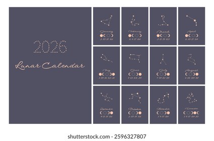 Lunar calendar, lunar monthly cycle planner for 2026 year template. Astrology, astronomical lunar sphere shadow, whole cycle from new to full moon calendar banner, card vector illustration