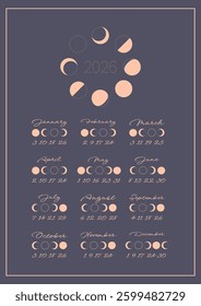 Lunar calendar, lunar monthly cycle planner for 2026 year template. Astrology, astronomical lunar sphere shadow, whole cycle from new to full moon calendar banner, card vector illustration