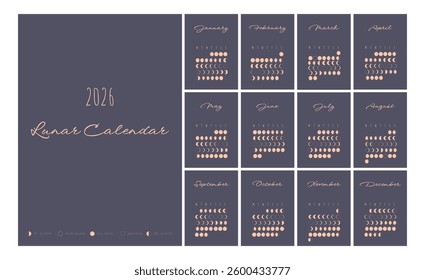 Lunar calendar, lunar monthly cycle planner for 2026 year template. Astrology, astronomical lunar sphere shadow, whole cycle from new to full moon calendar banner, card vector illustration