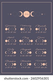 Lunar calendar, lunar monthly cycle planner for 2026 year template. Astrology, astronomical lunar sphere shadow, whole cycle from new to full moon calendar banner, card vector illustration