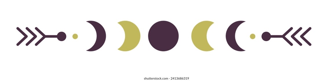 Lunar calendar, moon phases and eclipse. Crescent and full, quarter and half. Mysticism and symbolism. Esoteric symbols and alchemical glyphs, sacred geometry or mystical sigils. Vector in flat style