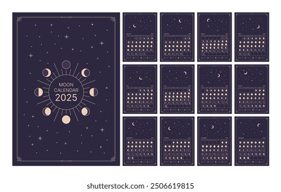 Lunar calendar for the year 2025, lunar phases schedule and cycles monthly planner template. Astrological Moon Phase wall Calendar Banner, Card, Poster Vector Illustration