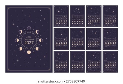 Lunar calendar for the year 2027, lunar phases schedule and cycles monthly planner template. Astrological Moon Phase wall Calendar Banner, Card, Poster Vector Illustration