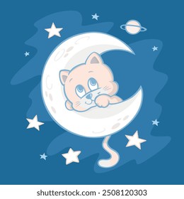 Lunar cat. Art in a delicate and childish style. Design for printing on clothing, decoration, crafts, etc.