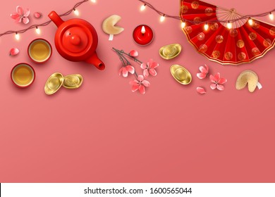 Lunar Chinese New Year background. Teapot, tea cup, hand fan, peach blossoms, candle and ingots. Top view vector illustration