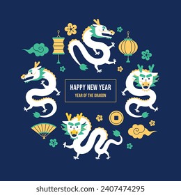 lunar chinese new year, year of dragon icon vector illustration. happy chinese new year elements in modern minimalist style. background pattern.  