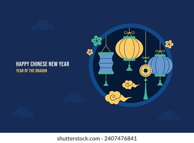 Lunar chinese new year, year of dragon icon vector illustration. happy chinese new year elements in modern minimalist style. background pattern.