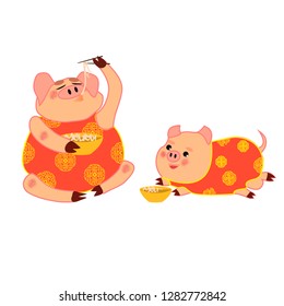 lunar chinese new year symbols pigs eating noodles