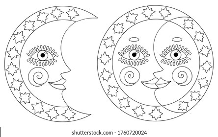 Lunar collection with a cute lunar character. Black and white image for coloring.Vector illustration for children.