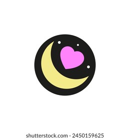 Lunar crescent on the starry night sky and a pink heart. Romantic night with a month. Isolated color vector on white background.	