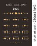 Lunar cycle planner for 2025. Lunar Phase Yearly Cycle Planner. Astrological planner, lunar cycles banner, poster, card. Astrology Lunar chart isolated on a black background.