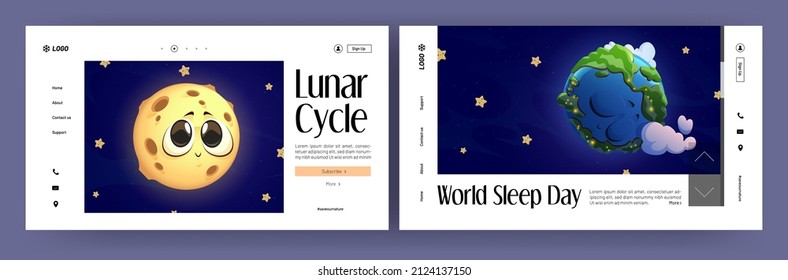 Lunar cycle and world sleeping day cartoon landing pages. Earth and Moon characters in space with stars and, cute blue planet with clouds and continents and kawaii Luna in Universe, Vector web banners