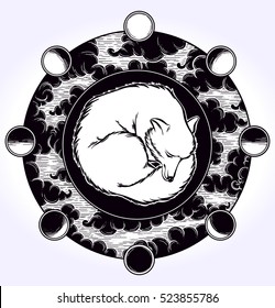 A lunar dreaming dog that has the backgroungd of a circle, clouds and Moon phases. Religion philosophy, spirituality, occultism,  magic, sacred geometry. Isolated vector illustration.