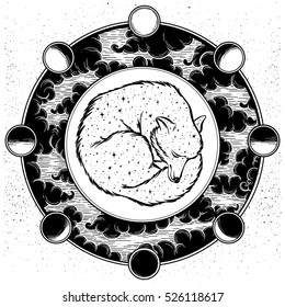 A lunar dreaming dog that has the backgroungd of a circle, clouds and Moon phases. Religion philosophy, spirituality, occultism, magic, sacred geometry. Isolated vector illustration.