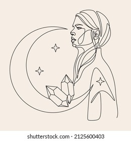 Lunar dreams and magical items. Vector illustrations of crystal, woman, eyes, hands, plants, stars for astrology, esoterics and horoscope