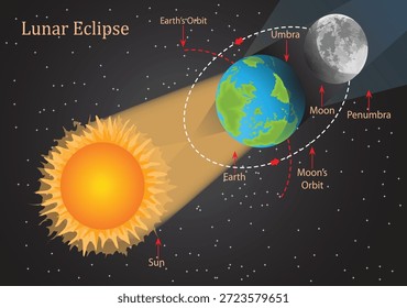 Diagrama do Eclipse Lunar Mostrando o Alinhamento da Lua da Terra do Sol com a Umbra e Penumbra, Ilustração da Astronomia Educacional.
