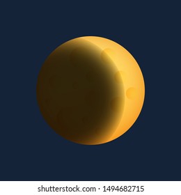 Lunar eclipse, one of the phases of the yellow moon, earth shadow on the moon, space planet with craters in the universe, vector illustration