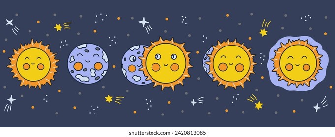 Lunar eclipse. Phases of onset of moon eclipse. Night sky with stars. Colorful vector illustration hand drawn doodle. Blue horizontal background