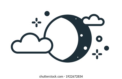 Lunar eclipse sign. Simple weather icon with half moon or waxing crescent with stars and clouds in sky. Symbol of night time. Linear flat vector illustration isolated on white background