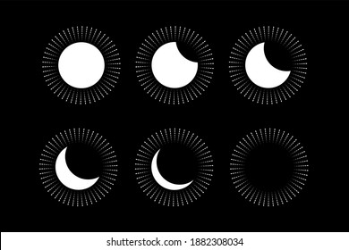 Eclipse lunar o conjunto de iconos de proceso de eclipse solar. Icono de sol brillante o luna