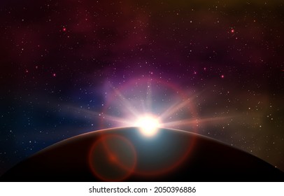 lunar eclipse with sunlight behind it and stars in the sky.