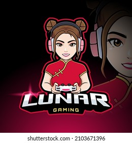 Lunar gamer girl esport logo template, Cute oriental character in traditional chinese red dress playing video games mascot logo