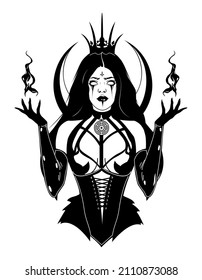 lunar Goddess Hecate ancient Greek mythology hand drawn black and white isolated vector illustration. Tattoo or print design. Vector illustration.