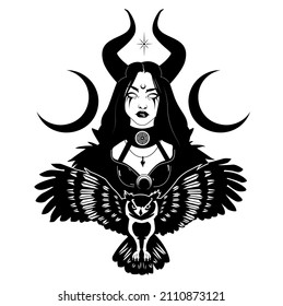 lunar Goddess Hecate ancient Greek mythology hand drawn black and white isolated vector illustration. Tattoo or print design. Vector illustration.