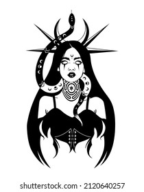 Lunar Goddess Hecate with snake ancient Greek mythology hand drawn black and white isolated vector illustration. Tattoo or print design. Vector illustration.