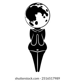 Lunar goddess. Paleolithic Venus with full moon as her head. Creative mythological concept. Black and white silhouette.