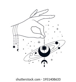 Lunar hand. Celestial illustration with moon and stars.