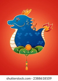 Lunar holiday adorable blue dragon charm decoration isolated on red gradient background.