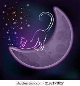 Lunar kitten plays with the stars on the crescent moon, vector illustration